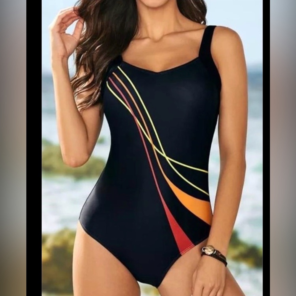 Women's Black Swimsuit with Colorful Accents